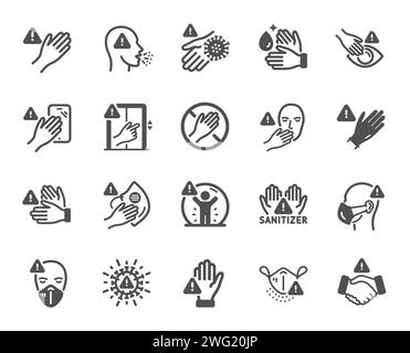 Toccare le icone di avvertenza. Stop toccare viso, occhi e maschera medica. Sintomi della tosse da COVID. Vettore Illustrazione Vettoriale