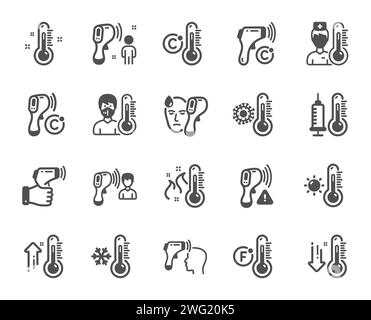 Icone della temperatura. Termometro, controllo della temperatura corporea, diagnosi della febbre. Controllo del coronavirus. Vettore Illustrazione Vettoriale