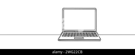 Disegno continuo a riga singola del laptop isolato su sfondo bianco. Illustrazione vettoriale. Illustrazione Vettoriale