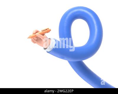 Icona dei gesti dei cartoni animati Mockup.la mano tiene una penna. Una mano con un soggetto da ufficio in stile 3D, rendering 3D su sfondo bianco.concetto di braccia lunghe. Foto Stock