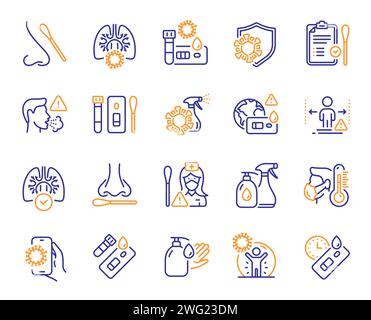 Icone della linea test COVID. Tampone nasale, analisi del sangue, tempo di attesa. Icone distanza sociale, igienizzatore per mani, linea di prova rapida. Vettore Illustrazione Vettoriale