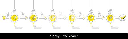 Sequenza temporale infografica con lampadine e icone. 6 fasi percorso dell'idea percorso del processo di progetto aziendale. Vettore Illustrazione Vettoriale