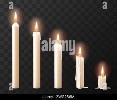 Fuoco delle candele. Candele realistiche per l'animazione. illustrazione vettoriale 3d isolata su sfondo trasparente. Illustrazione Vettoriale