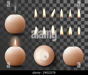 Set di candele a cera rotonda profumata e fiamme di fuoco con stoppino di diverse forme isolate su sfondo trasparente. Candele realistiche per Illustrazione Vettoriale
