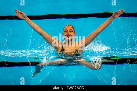 Doha, Qatar. 2 febbraio 2024. Karina Magrupova, Kazakistan, gareggia nelle donne tecniche soliste di nuoto artistiche durante il 21° Campionato Mondiale di Aquatics all'Aspire Dome di Doha (Qatar), 02 febbraio 2024. Crediti: Insidefoto di andrea staccioli/Alamy Live News Foto Stock