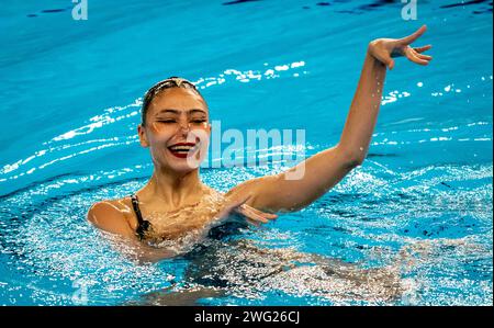 Doha, Qatar. 2 febbraio 2024. Karina Magrupova, Kazakistan, gareggia nelle donne tecniche soliste di nuoto artistiche durante il 21° Campionato Mondiale di Aquatics all'Aspire Dome di Doha (Qatar), 02 febbraio 2024. Crediti: Insidefoto di andrea staccioli/Alamy Live News Foto Stock