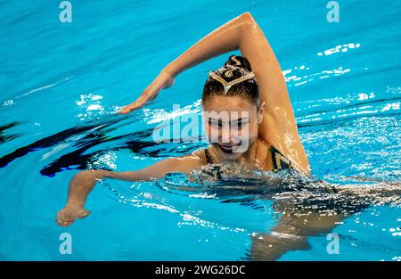 Doha, Qatar. 2 febbraio 2024. Karina Magrupova, Kazakistan, gareggia nelle donne tecniche soliste di nuoto artistiche durante il 21° Campionato Mondiale di Aquatics all'Aspire Dome di Doha (Qatar), 02 febbraio 2024. Crediti: Insidefoto di andrea staccioli/Alamy Live News Foto Stock