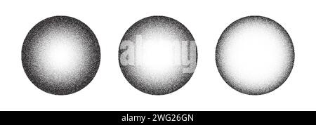 Sfondo vettoriale sfere 3D Dotwork. Effetto granulosità sabbia. Punti di stipple del rumore nero. Sfere di rumore astratto. Punti neri grunge elementi rotondi. STI Illustrazione Vettoriale