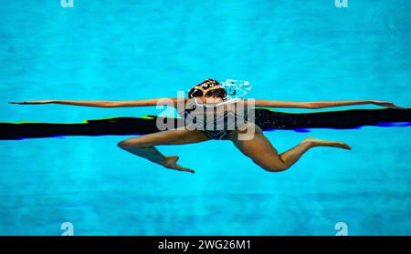 Doha, Qatar. 2 febbraio 2024. Karina Magrupova, Kazakistan, gareggia nelle donne tecniche soliste di nuoto artistiche durante il 21° Campionato Mondiale di Aquatics all'Aspire Dome di Doha (Qatar), 02 febbraio 2024. Crediti: Insidefoto di andrea staccioli/Alamy Live News Foto Stock