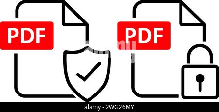 Sicurezza PDF per la protezione dei documenti, ricerca, semplice simbolo di stile nero per app e siti Web, illustrazione vettoriale. Illustrazione Vettoriale
