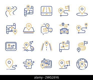 Icone delle linee della mappa stradale. Icone percorso percorso, Mappa percorso e distanza viaggio. Vettore Illustrazione Vettoriale