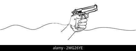 Disegno a linee continue della pistola di fissaggio manuale. Una linea che disegna la mano tenendo la pistola. Illustrazione Vettoriale