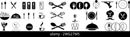Set di forcelle, coltello, cucchiaio. Menu del logotipo. Set di icone per il cibo. Logo di raccolta vettoriale nero per la progettazione di siti o siti Web per app mobili. Illustrazione vettoriale Illustrazione Vettoriale