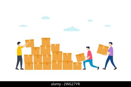 Consegna in scatola di cartone. Le persone trasportano pacchi di cartone. Stoccaggio contenitore infografico. Il team collabora con le scatole. Vettore Illustrazione Vettoriale