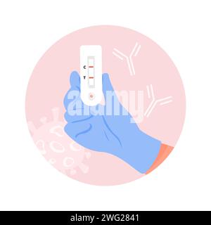 Un medico in guanti di lattice che esegue il test Covid-19 Rapid Antibody con segno di anticorpi galleggianti sullo sfondo. Emblema circolare della mano infermiera con Coronaviru Illustrazione Vettoriale