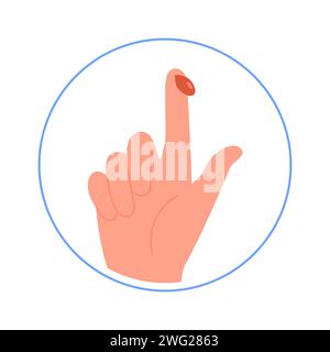 Una mano con goccia di sangue dalla punta delle dita. Analisi del sangue per il diabete. Icona per il campione di sangue. Controllo medico. Illustrazione vettoriale isolata sullo sfondo Illustrazione Vettoriale