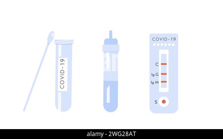 Icone del kit per test domestici Covid-19. Analisi del sangue degli anticorpi del coronavirus. Rapid strep RST. Rilevamento rapido dell'antigene RADT. Illustrazione vettoriale isolata su bianco Illustrazione Vettoriale