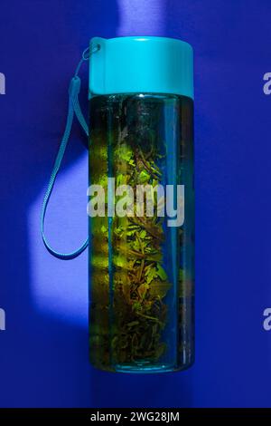 Preparare il tè verde freddo in una bottiglia riutilizzabile turchese su sfondo blu pastello. Rinfrescante mockup con marchio di bevande analcoliche ghiacciate. Dieta sana. Zero wa Foto Stock
