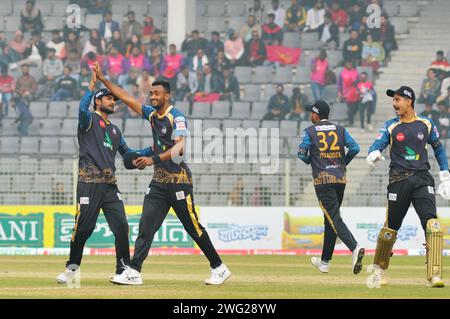 Sylhet, Bangladesh. 2 febbraio 2024. Bangladesh paceman SHORIFUL ISLAM in azione per Durdanto Dhaka contro Sylhet Strikers nella Bangladesh Premier League al Sylhet International Stadium. Foto Stock