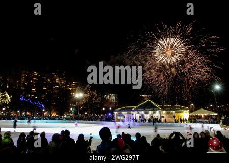 Uno spettacolo di fuochi d'artificio sul Boston Common segnala il nuovo anno durante una prima notte di Boston il 31 dicembre 2014 a Boston, Massachusetts, Stati Uniti. Foto Stock