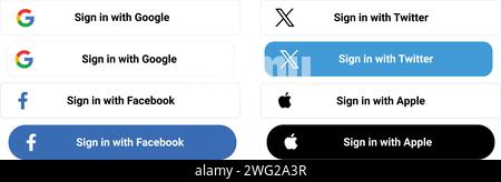 Set di pulsanti con ombre realistiche firma con Google, firma con Facebook, firma con Apple, firma con X. Illustrazione Vettoriale
