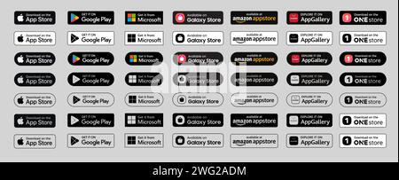 Set di badge Google Play Store, Apple App Store e Microsoft Store. Illustrazione Vettoriale