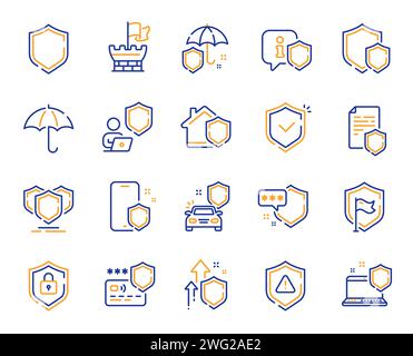 Icone della linea di difesa. Assicurazione auto, scudo sicuro e ombrello sicuro. Icone di rischio per la sicurezza, protezione del computer e protezione della privacy. Informazioni online sicure Illustrazione Vettoriale