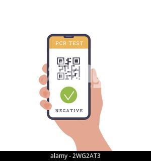 Concetto di viaggio durante il Coronavirus. Persona che tiene un telefono. Un'app con codice QR come prova del test nasale con tampone PCR pre-viaggio. Certificazione Fit to Fly Illustrazione Vettoriale