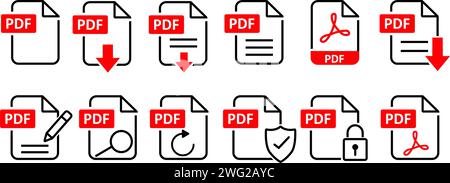 Set di icone del formato file PDF. Informazioni sul formato, testo del documento, download di file PDF, protezione PDF per la protezione dei documenti Illustrazione Vettoriale