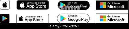 Set di badge Google Play Store, Apple App Store e Microsoft Store. Pulsanti vettoriali. Illustrazione Vettoriale