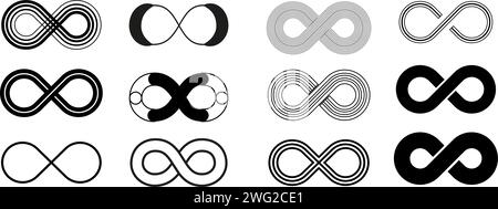 Icone infinito impostate. Simbolo infinito, spazio infinito, freccia infinito, loop infinito, cerchio infinito. Illustrazione Vettoriale