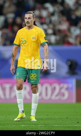 Al Wakrah, Qatar. 2 febbraio 2024. Al-Wakrah, QATAR - 2 febbraio - l'australiano Jackson Irvine durante la partita tra Australia e Corea del Sud nei quarti di finale all'AFC Asia Cup allo stadio al Janoub di al-Wakrah, Qatar, 02 febbraio 2024. Crediti: Sebo47/Alamy Live News Foto Stock