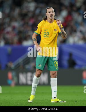 Al Wakrah, Qatar. 2 febbraio 2024. Al-Wakrah, QATAR - 2 febbraio - l'australiano Jackson Irvine durante la partita tra Australia e Corea del Sud nei quarti di finale all'AFC Asia Cup allo stadio al Janoub di al-Wakrah, Qatar, 02 febbraio 2024. Crediti: Sebo47/Alamy Live News Foto Stock