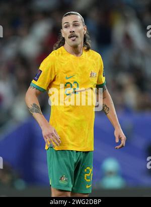 Al Wakrah, Qatar. 2 febbraio 2024. Al-Wakrah, QATAR - 2 febbraio - l'australiano Jackson Irvine durante la partita tra Australia e Corea del Sud nei quarti di finale all'AFC Asia Cup allo stadio al Janoub di al-Wakrah, Qatar, 02 febbraio 2024. Crediti: Sebo47/Alamy Live News Foto Stock