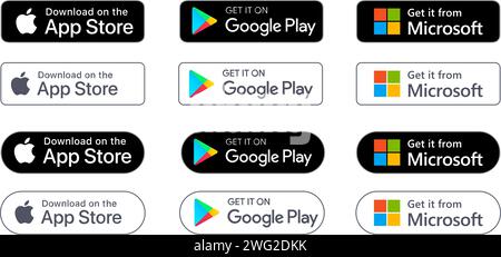 Set di badge Google Play Store, Apple App Store e Microsoft Store. Pulsanti vettoriali. Illustrazione Vettoriale