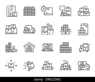 Icone delle linee di inventario. Icone del warehouse manager, delle scorte all'ingrosso e della lista di controllo delle merci. Vettore Illustrazione Vettoriale