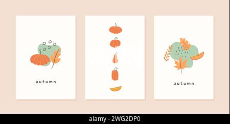 Set di modelli di biglietti di auguri astratti dall'atmosfera autunnale con forme diverse zucche, foglie e forme geometriche. Poster minimalista alla moda per il ringraziamento. F Illustrazione Vettoriale
