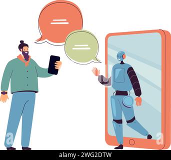 Uomo che chatta online con illustrazione vettoriale piatta dell'assistente ai. Cliente Cartoon che ottiene supporto virtuale da chatbot Illustrazione Vettoriale