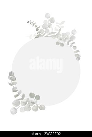 Banner con cornice in eucalipto circolare grigio e verde polveroso. Illustrazione del bordo botanico ovale primaverile e invernale per matrimoni, biglietti d'auguri Foto Stock