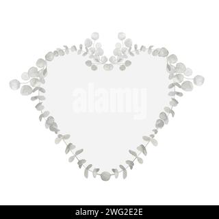 Striscione con cornice a forma di cuore all'eucalipto, verde e grigio. Moderna illustrazione del bordo primaverile e invernale per matrimoni, biglietti d'auguri, ghirlanda, websit Foto Stock