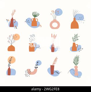 Set di vasi in argilla con piante secche in vaso, foglie, rami e forme geometriche astratte. Elemento di design boho alla moda. Parete minimalista per la natura in autunno Illustrazione Vettoriale