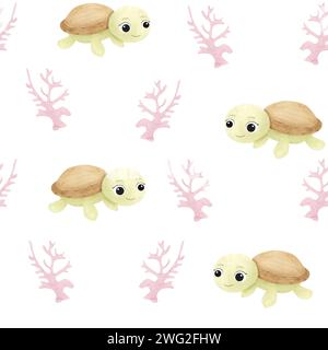 Acquerello grazioso motivo senza cuciture con occhi grandi tartaruga e corallo rosa. Illustrazione per design, tessuti per bambini, tessuti, carta da imballaggio. Foto Stock