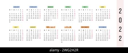 Calendario orizzontale moderno 2022 anni. Planner in stile colorato e luminoso. Pagine minimalistiche del diario annuale. La settimana inizia lunedì. Modello di cancelleria. Anno Illustrazione Vettoriale