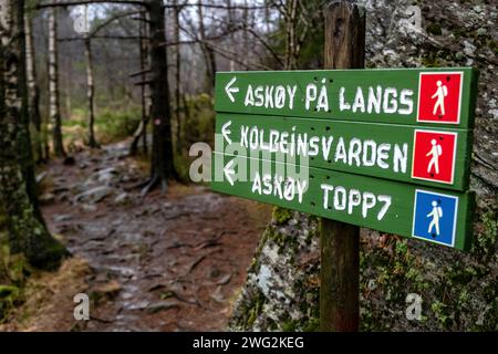 Cartello segnaletico per il sentiero Askøy på langs, un sentiero di lunga percorrenza che attraversa l'isola di Ask, Bergen, Norvegia Foto Stock