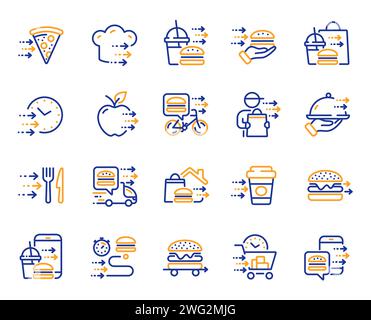 Icone della linea di consegna degli alimenti. Icone per ordinare online, mangiare pizza e servizio di alimentari veloce. Vettore Illustrazione Vettoriale