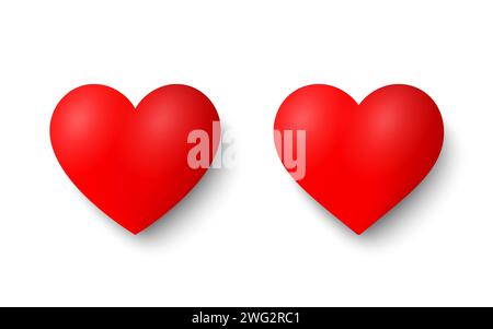 cuori 3d con ombra isolata su sfondo bianco. San Valentino cuori rossi realistici. Vettore d'amore Illustrazione Vettoriale
