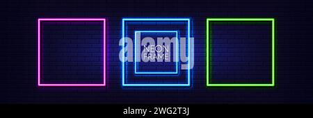 Bordo quadrato al neon con spazio di copia. Set di cornici luminose al neon. Vettore Illustrazione Vettoriale