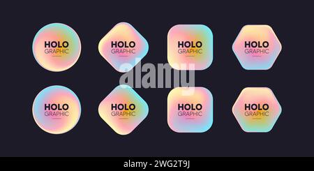 Adesivi olografici banner. Forme etichette ologrammi. Adesivi olografici con texture per i cartellini dei prezzi. Vettore Illustrazione Vettoriale
