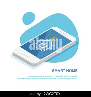 Controllo intelligente della casa tramite smartphone. Connessione wi-fi wireless e tecnologia domestica. Dispositivo elettronico. Illustrazione isometrica vettoriale. Illustrazione Vettoriale