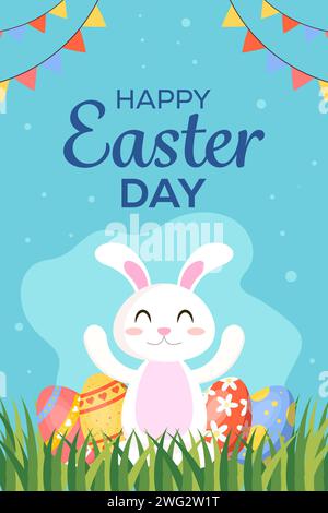 illustrazione verticale del banner vector happy easter day con design piatto Illustrazione Vettoriale
